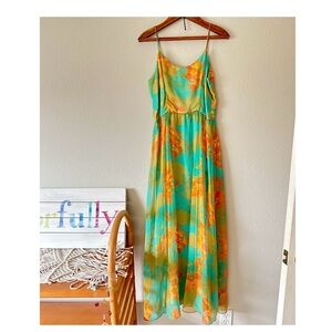 A RARE Vintage Brand Blue and Orange Sleeveless Spaghetti Strap Maxi Sundress